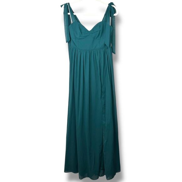 Lulus NWOT Radiant Charisma Emerald Chiffon Ruched Tie-Strap Maxi Dress Medium - Picture 3 of 10